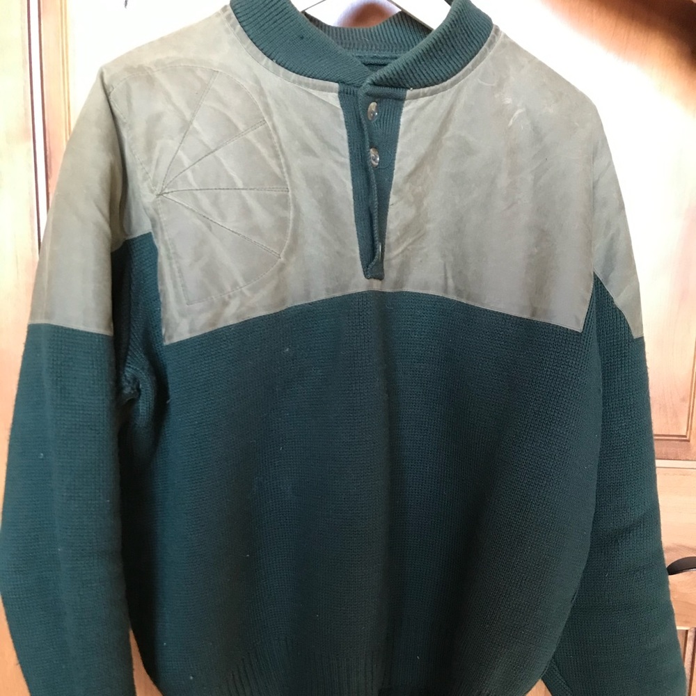Filson Henley wool sweater with water-resistant reinforcement on yoke and arms